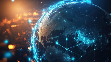 Poster - Blockchain technology futuristic hud background with world globe and blockchain polygon peer to peer network. Global cryptocurrency blockchain business banner concept.