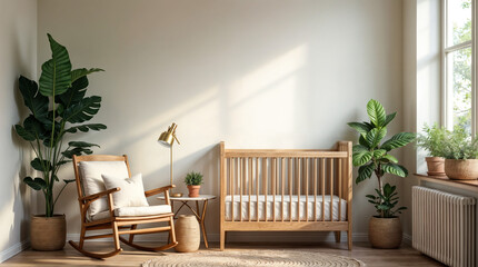 Wall Mural - a nursery room with a rocking chair, a crib, and potted plants