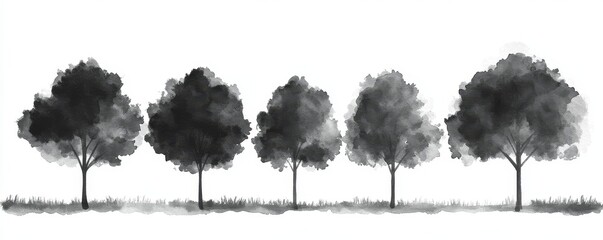 Five grayscale watercolor trees on a white background.