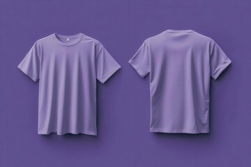 Wall Mural - modern minimalist purple tshirt mockup floating in space with subtle fabric texture and natural folds front and back views in perfect symmetry