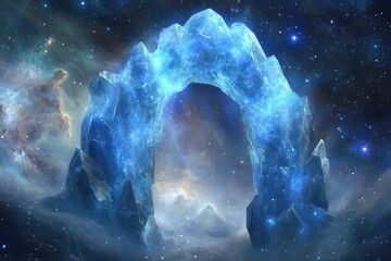 Wall Mural - mystical crystalline archway pulsing with ethereal blue energy floating in space amid swirling nebul