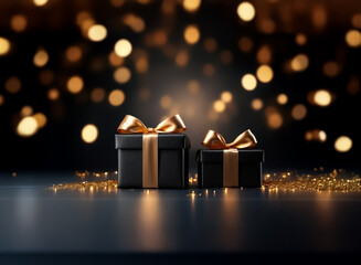 Sticker - two black gift boxes adorned with golden ribbons sit against a backdrop of shimmering bokeh lights, 
