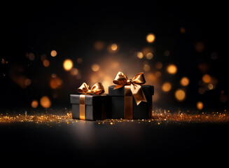 Wall Mural - elegant dark gift boxes with golden bows sit amidst a bokeh lights background and glitter. a festive