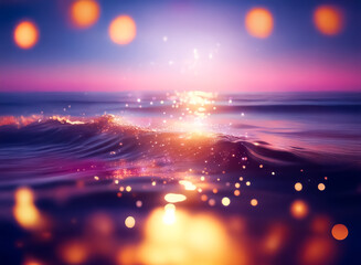 Wall Mural - ocean waves glisten under a vibrant sunset sky, filled with bokeh lights and sparkles, creating a dr