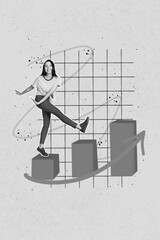 Aufkleber - Vertical collage image of excited cheerful black white colors girl dancing walk climb chart stairs drawing growing arrow upwards