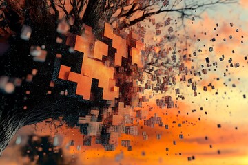 A digital tree transforming into pixels at sunset.