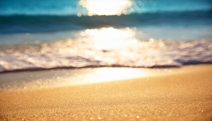 Wall Mural - Blurred tropical shoreline with sparkling ocean waves, golden sand, and dreamy bokeh sunligh.