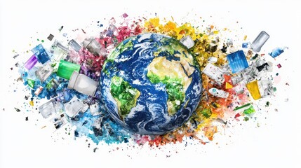 Fototapete - A watercolor-painted Earth with trash elements blending into the colors, symbolizing the impact of waste on the environment.