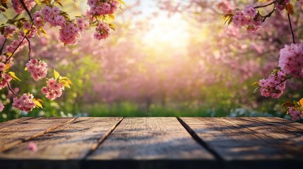 Wall Mural - Spring background with wooden table. Natural template for product display with cherry blossoms bokeh and sunlight. generative ai. Empty wooden table in spring blooming cherry orchard during sunny day