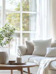 backgrounds and interior concept - blurred photo of tidy living room with cushioned sofa and table at home