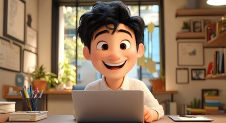 Poster - Smiling Cartoon Man Working with Laptop in a Bright Office Setting