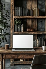 Poster - Minimalist desk setup with blank screen laptop in a cozy home library