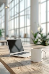 Poster - Modern office desk with laptop and coffee mug in a bright workspace