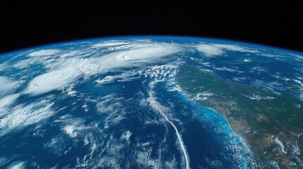 Poster - A stunning aerial view of Earth from space, showcasing vivid blue oceans, lush green landmasses, and swirling white clouds under a dark cosmic backdrop.