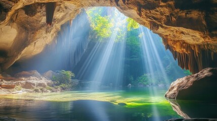 Poster - A tranquil cave opening softly glowing with sunlight streaming through, highlighting natural formations and creating an ethereal ambiance.