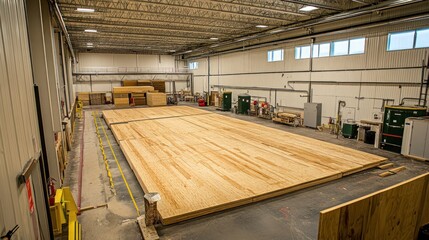 Poster - Large lumber warehouse containing stacks of wood and manufacturing equipment