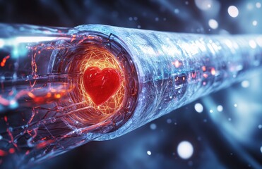 Poster - a glowing heart encased within a futuristic tube structure on a luminescent background