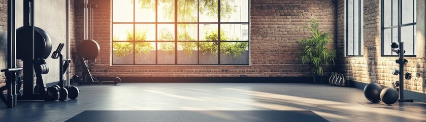 Poster - Modern gym interior with equipment and large sunlit windows