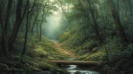 Poster - Serene woodland path with small bridge over running stream