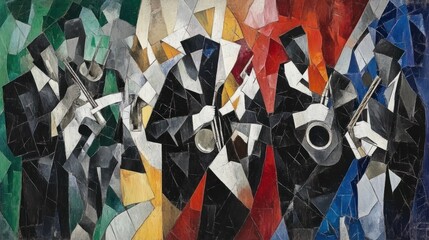 Poster - Cubist depiction of a jazz band performing with instruments