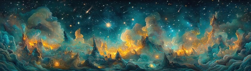 Aufkleber - A vibrant celestial landscape featuring clouds stars and shooting stars