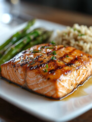 Wall Mural - Grilled salmon served with asparagus and rice.