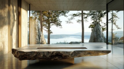 Aufkleber - Large stone platform overlooks a scenic lake and mountainous landscape