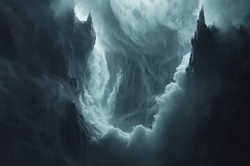 Wall Mural - dark, stormy clouds swirl around ominous, jagged mountain peaks, creating a dramatic, ethereal lands