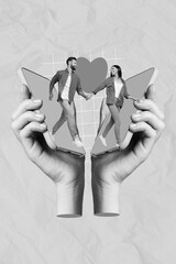 Poster - Vertical collage image of two black white gamma arms hold telephone screen two people run together red heart isolated on creative background