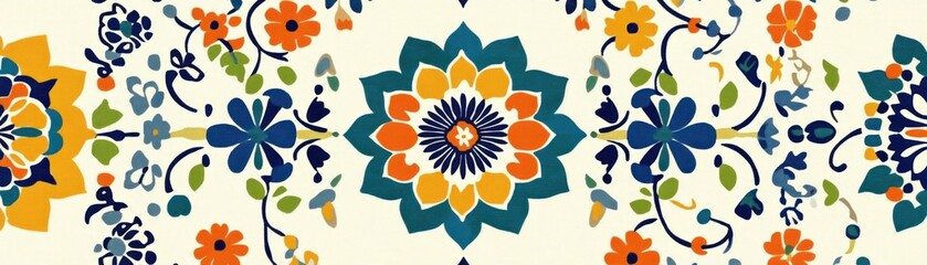Aufkleber - Symmetrical floral pattern with orange blue green and yellow hues
