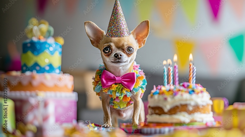 Cute chihuahua dog wearing a party hat and bow tie sits between two ...