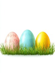 Wall Mural - Easter eggs in a row with green grass isolated on a white background