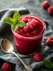 Poster - A jar of raspberry jam with fresh raspberries on top.