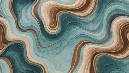 Poster - Flowing Abstract Waves. Organic Teal Beige and Brown Swirls. Tranquil Fluid Design. Evokes Nature. Geological Formation. Three-Dimensional Effect. Calming Art. Perfect for Backgrounds. Creative