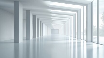 Wall Mural - Minimalist white hallway with tall columns and natural light. Modern architecture for interiors