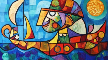Poster - Abstract painting depicting a sailboat on the ocean at night
