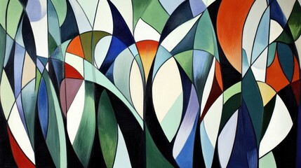 Poster - Abstract painting features interconnected colorful shapes with dark outlining