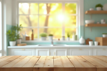 Poster - Mint Empty wooden table with the bright white interior of the kitchen as a blurred background behind the bokeh golden sunshine. 3d rendering.