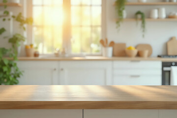 Poster - Mint Empty wooden table with the bright white interior of the kitchen as a blurred background behind the bokeh golden sunshine. 3d rendering.