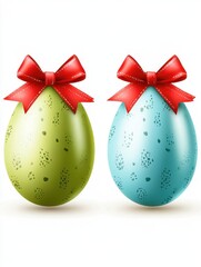 Wall Mural - Set of Realistic green and blue Easter egg, with red bow, vector illustration