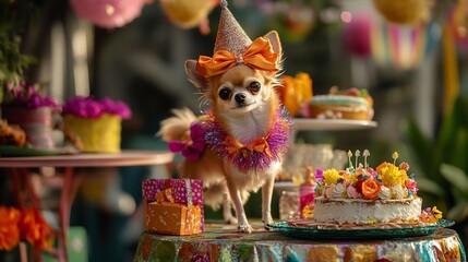 Wall Mural - Adorable chihuahua puppy wearing a party hat and festive collar, poses proudly next to birthday cake and gifts at a vibrant outdoor celebration.