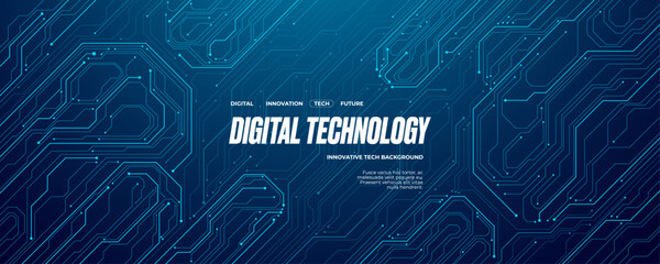 Fototapete - Futuristic circuit board wires in light blue on dark navy technology background. Artificial Intelligence banner concept. Abstract AI tech bg. Digital line pattern. Computer Vector illustration.