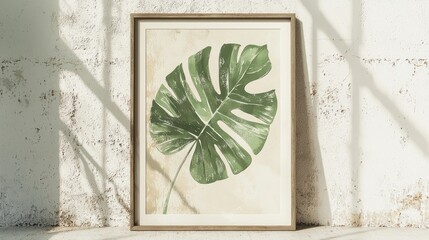 A single framed print showcasing a minimalist monstera leaf illustration with watercolor textures in muted green and warm beige tones, set against a boho-inspired background.