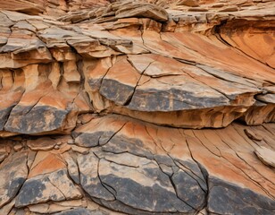 Poster - Sedimentary Rock Layers Texture. Striking Colors with Warm Orange Tones. Weathered Surface with Fissures and Cracks. Geological History in a Rugged, Beautiful Landscape.