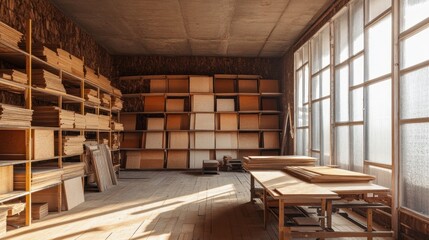Poster - Stacked plywood and wooden shelves fill a sunlit room
