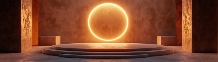 Poster - Circular neon light shines above a three tiered platform