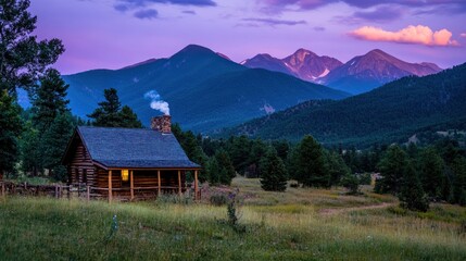 Aufkleber - Log cabin nestled in valley with mountains in background