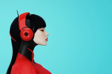 Wall Mural - A woman wearing a red shirt and black headphones is sitting in a room. The headphones are red and black, and they are on her head. She is listening to music or something else