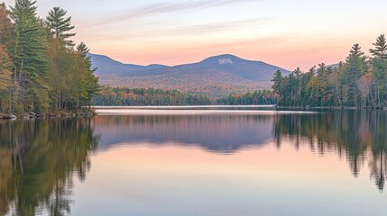 Poster - Autumn landscape features a lake reflecting mountains and colorful trees