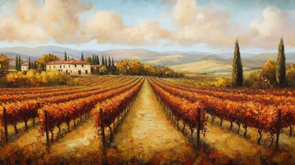 Poster - Vineyard in autumn colors leading to a rural building